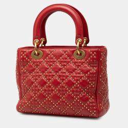 Pre Owned Dior Red Medium Lambskin Cannage Studded Supple Lady Dior