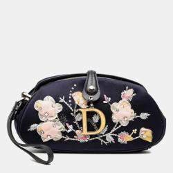 Pre Owned Dior Blue Limited Edition Satin Floral Beaded Embroidered Detective Clutch