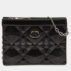 Pre Owned Dior Black Calfskin Macrocannage Diamond Caro Zipped Pouch With Chain