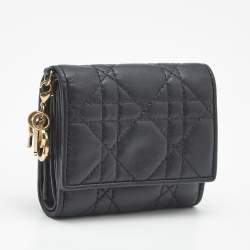 Pre Owned Dior Lady Dior Black Cannage Leather Trifold Wallet