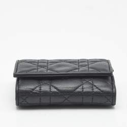 Pre Owned Dior Lady Dior Black Cannage Leather Trifold Wallet