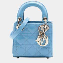 Pre Owned Dior Blue Micro Patent Cannage Lady Dior