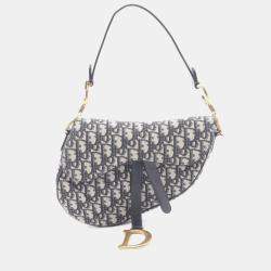 Pre Owned Christian Dior Dior Saddle Bag Oblique Handbag Canvas Leather Ivory Navy