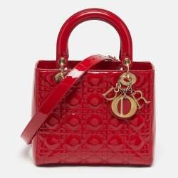 مملوكة مسبقًا Dior Lady Dior Medium Red Cannage Patent Leather Tote