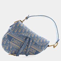 Pre Owned Christian Dior Medium Blue/White Canvas Oblique Saddle Bag