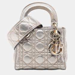 Pre Owned Dior Silver Mini Metallic Calfskin Cannage Supple Lady Dior