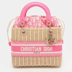 مملوكة مسبقًا Dior Lady Dior Medium Pink/Natural Wicker and Embroidered Canvas Tote