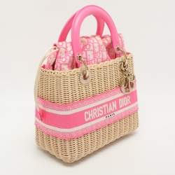 مملوكة مسبقًا Dior Lady Dior Medium Pink/Natural Wicker and Embroidered Canvas Tote