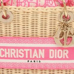 مملوكة مسبقًا Dior Lady Dior Medium Pink/Natural Wicker and Embroidered Canvas Tote