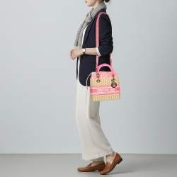 مملوكة مسبقًا Dior Lady Dior Medium Pink/Natural Wicker and Embroidered Canvas Tote