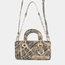 مملوكة مسبقًا حقيبة ديور ليدي دي جوي بلان دو باريس 2-طريقتين بيج/أسود جلد حجم صغير