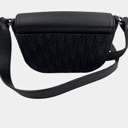 Pre Owned Dior Mini Saddle Messenger Black Oblique Jacquard Canvas Grained Calfskin Leather Messenger Bag
