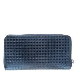 Pre Owned Dior Metallic Blue Cannage Patent Leather Zip Around Wallet
