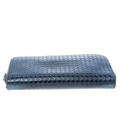 Pre Owned Dior Metallic Blue Cannage Patent Leather Zip Around Wallet