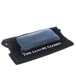 Pre Owned Dior Metallic Blue Cannage Patent Leather Zip Around Wallet