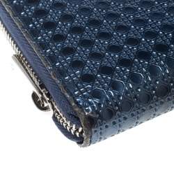 Pre Owned Dior Metallic Blue Cannage Patent Leather Zip Around Wallet