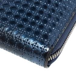 Pre Owned Dior Metallic Blue Cannage Patent Leather Zip Around Wallet