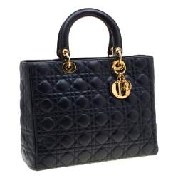 مملوكة مسبقًا حقيبة يد ديور ليدي ديور كبيرة جلد كحلية