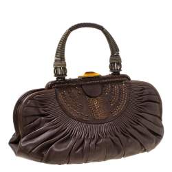 Pre Owned Dior Dark Brown Pleated Leather Medium Plisse Frame Bag
