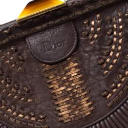 Pre Owned Dior Dark Brown Pleated Leather Medium Plisse Frame Bag