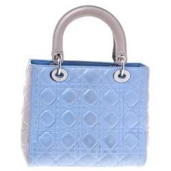 Pre Owned Dior Light Blue/Grey Leather Medium Lady Dior Tote