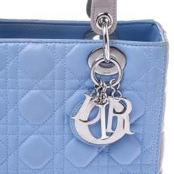 Pre Owned Dior Light Blue/Grey Leather Medium Lady Dior Tote