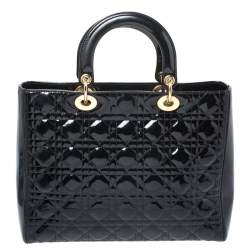 Pre Owned Dior Black Cannage Patent Leather Large Lady Dior Tote