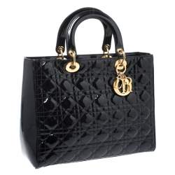 Pre Owned Dior Black Cannage Patent Leather Large Lady Dior Tote