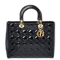 Pre Owned Dior Black Cannage Patent Leather Large Lady Dior Tote