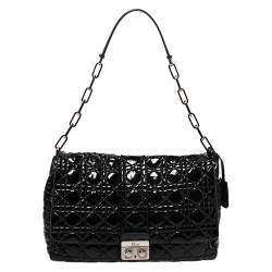Pre Owned Dior Black Cannage Patent Leather Large New Lock Flap Shoulder Bag