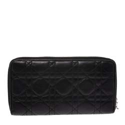 Pre Owned محفظة ديور ليدي ديور بسحاب ملتف جلد لامع كاناج مبطن أسود