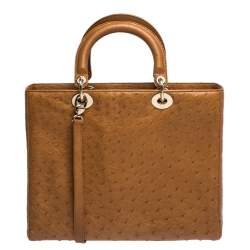 مملوكة مسبقًا حقيبة يد ديور ليدي ديور كبيرة جلد نعام بني فاتح