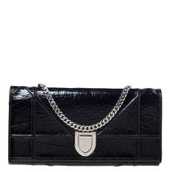 Pre Owned محفظة ديور ديوراما جلد أسود لامع بسلسلة