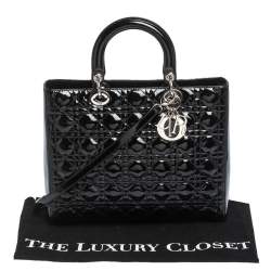 Pre Owned حقيبة يد ديور ليدي ديور كبيرة جلد لامع كاناج أسود