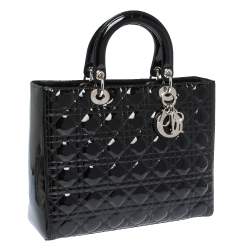 Pre Owned حقيبة يد ديور ليدي ديور كبيرة جلد لامع كاناج أسود
