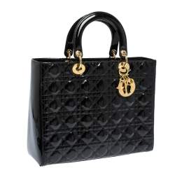 Pre Owned حقيبة يد ديور "ليدي ديور" كبيرة جلد لامع كاناج أسود