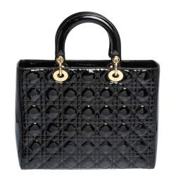 Pre Owned حقيبة يد ديور "ليدي ديور" كبيرة جلد لامع كاناج أسود
