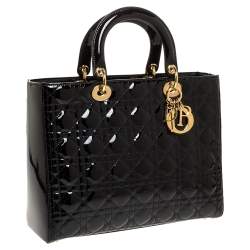 Dior Black Cannage Patent Leather Large Lady Dior Tote