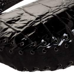 Pre Owned Dior Black Croc Embossed Patent Leather and Canvas Ethnic Hobo