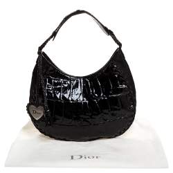 Pre Owned Dior Black Croc Embossed Patent Leather and Canvas Ethnic Hobo