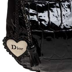 Pre Owned Dior Black Croc Embossed Patent Leather and Canvas Ethnic Hobo
