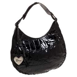 Pre Owned Dior Black Croc Embossed Patent Leather and Canvas Ethnic Hobo