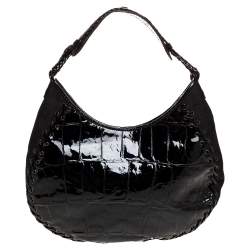 Pre Owned Dior Black Croc Embossed Patent Leather and Canvas Ethnic Hobo