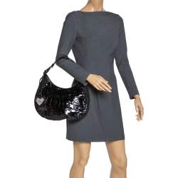 Pre Owned Dior Black Croc Embossed Patent Leather and Canvas Ethnic Hobo