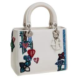 Pre Owned Dior White Sequins Embellished Leather Medium Lady Dior Tote