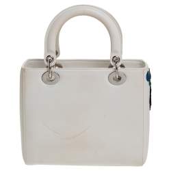 Pre Owned Dior White Sequins Embellished Leather Medium Lady Dior Tote