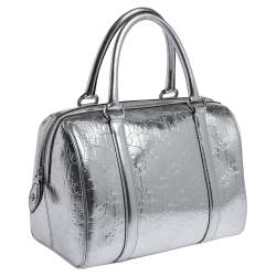 Pre Owned Dior Metallic Silver Oblique Monogram Leather Boston Bag
