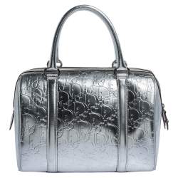 Pre Owned Dior Metallic Silver Oblique Monogram Leather Boston Bag