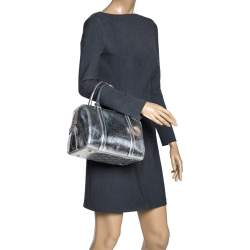 Pre Owned Dior Metallic Silver Oblique Monogram Leather Boston Bag
