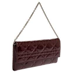 Pre Owned Dior Red Cannage Patent Leather Lady Dior Wallet on Chain